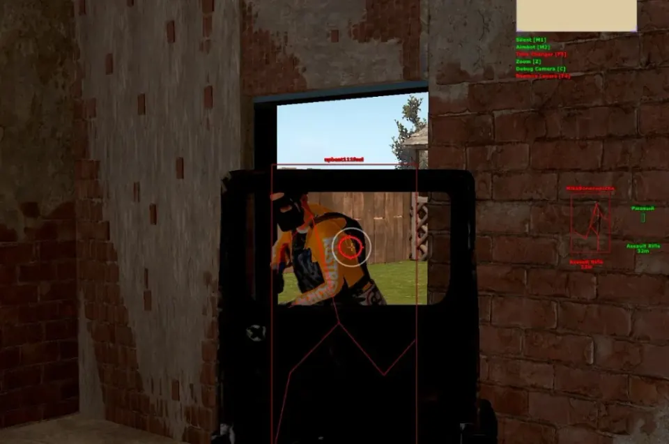 Rust aimbot menu with red skeleton ESP, silent aim, and feature toggles
