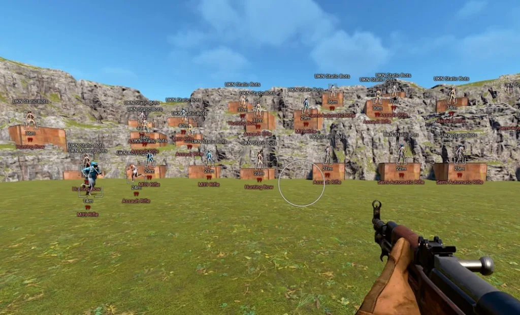 Rust ESP with green skeleton, box, and loot inventory labels