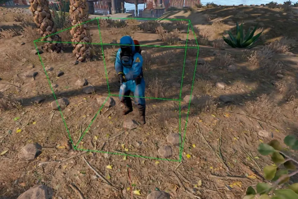 Rust ESP green hitbox wallhack on a hazmat-suited player