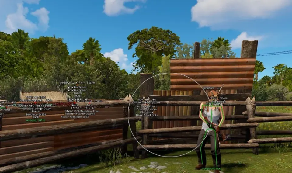 Rust skeleton ESP with inventory labels and aimbot FOV circle